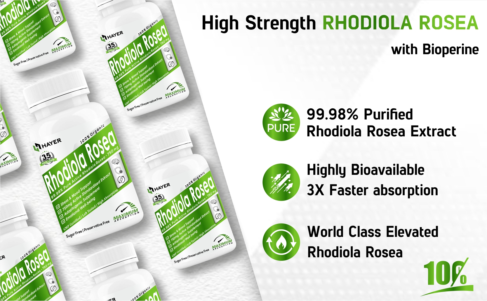 HAYER Rhodiola Rosea 750mg, High Potency Adaptogenic Herb Supplement For Brain, Mood & Stress Relief Support, Sugar Free, And No Fillers- 60 Vegetarian Tablets (Pack 1)