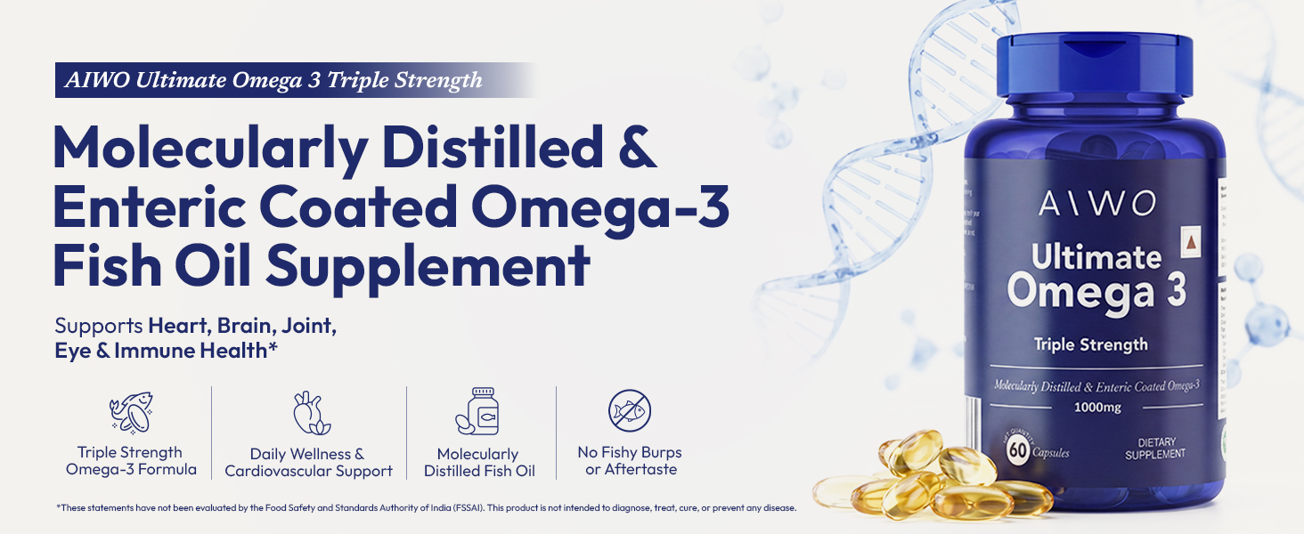 AIWO Ultimate Omega 3 Triple Strength Fish Oil Capsules for Men & Women, 1000 mg with 460 mg EPA & 380 mg DHA, 60 Softgels, Burp-Free Formula, Supports Heart, Brain, Joints & Eye Health