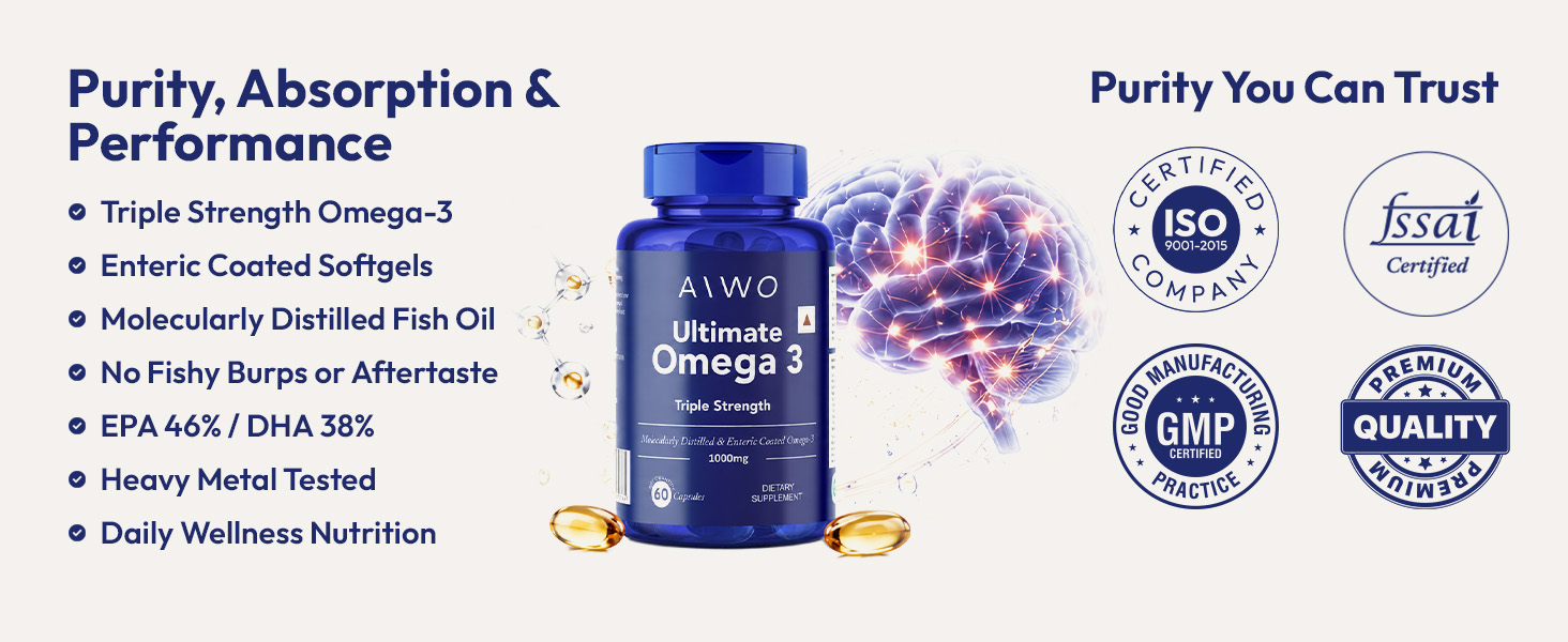 AIWO Ultimate Omega 3 Triple Strength Fish Oil Capsules for Men & Women, 1000 mg with 460 mg EPA & 380 mg DHA, 60 Softgels, Burp-Free Formula, Supports Heart, Brain, Joints & Eye Health