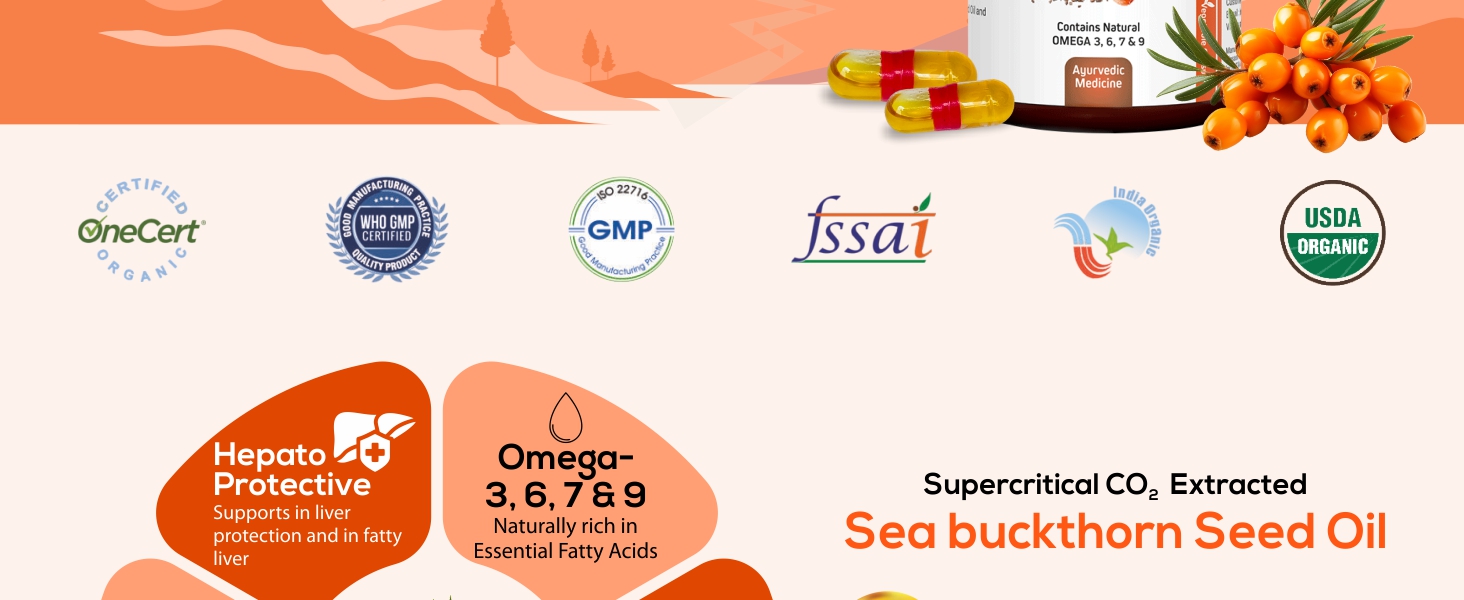 Biosash Sea Buckthorn Seed Oil Capsules 30 Caps | CO2 Extracted from Certified Organic Berries | Omega 3 6 7 9 | Liver Health | Rich in Antioxidants & Vitamins | Skin, Hair, Immunity & Wellness