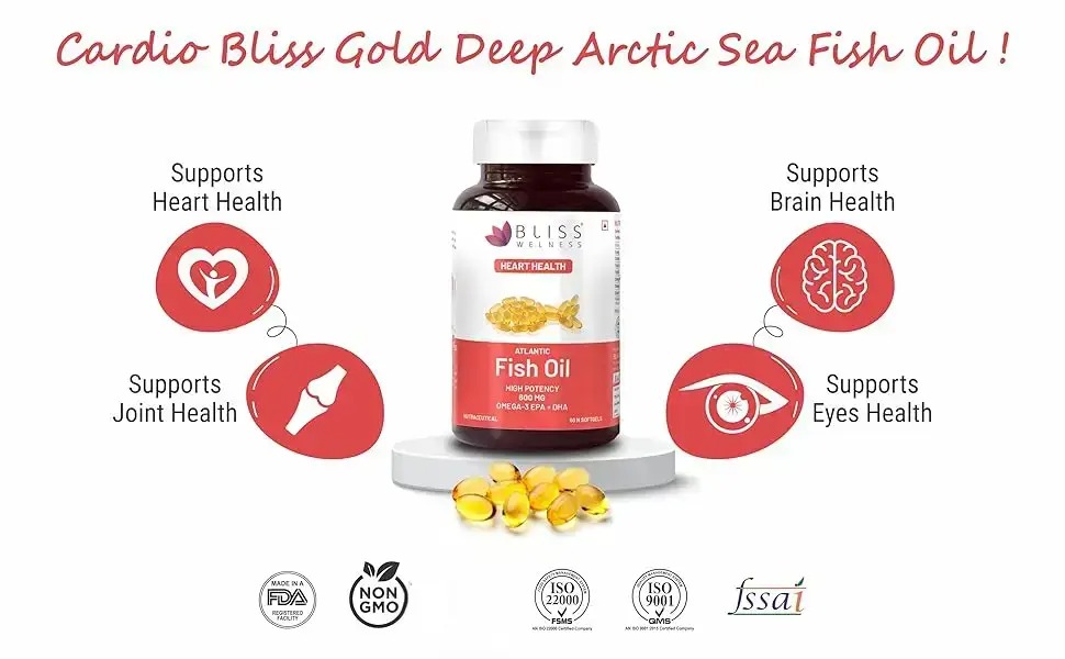 Bliss Welness Omega 3 Fish Oil Gold | Cold Pressed Arctic Sea Anchovie Fish Omega3 Oil 2000 mg EPA 360 mg DHA 240 mg | Brain Heart Eye & Joint health for Men & Women - 60 Softgel Capsules, 120 grams