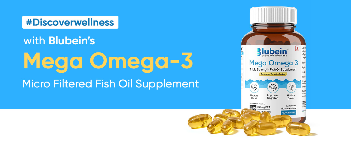Blubein Mega Omega 3 Fish Oil Capsules for Men & Women, Triple Strength with 1250 mg (450 mg EPA & 300 mg DHA) for Muscle Recovery, Healthy Heart, Joints & Brain - 60 Capsules, 160 grams