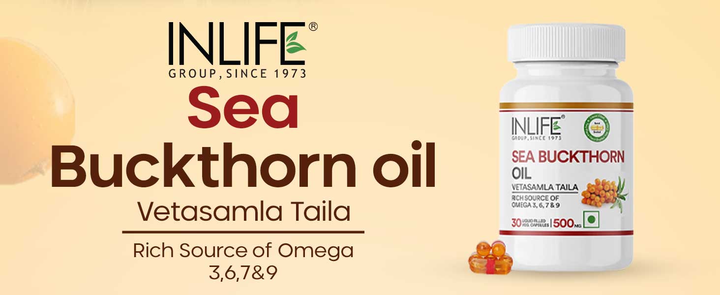 INLIFE Sea Buckthorn Oil Capsules 500mg, Omega 3 6 7 9, 30 Veg Capsules