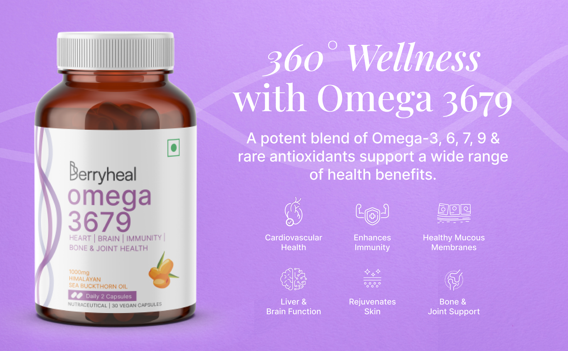 Omega 3679 Sea Buckthorn Oil Capsules 1000mg | Helps to Boost Immunity, Skin, Hair, Joint & Heart Health | 100% Vegan Seabuckthorn Plant-Based Omega Supplement | 30 Capsules - 15 Days