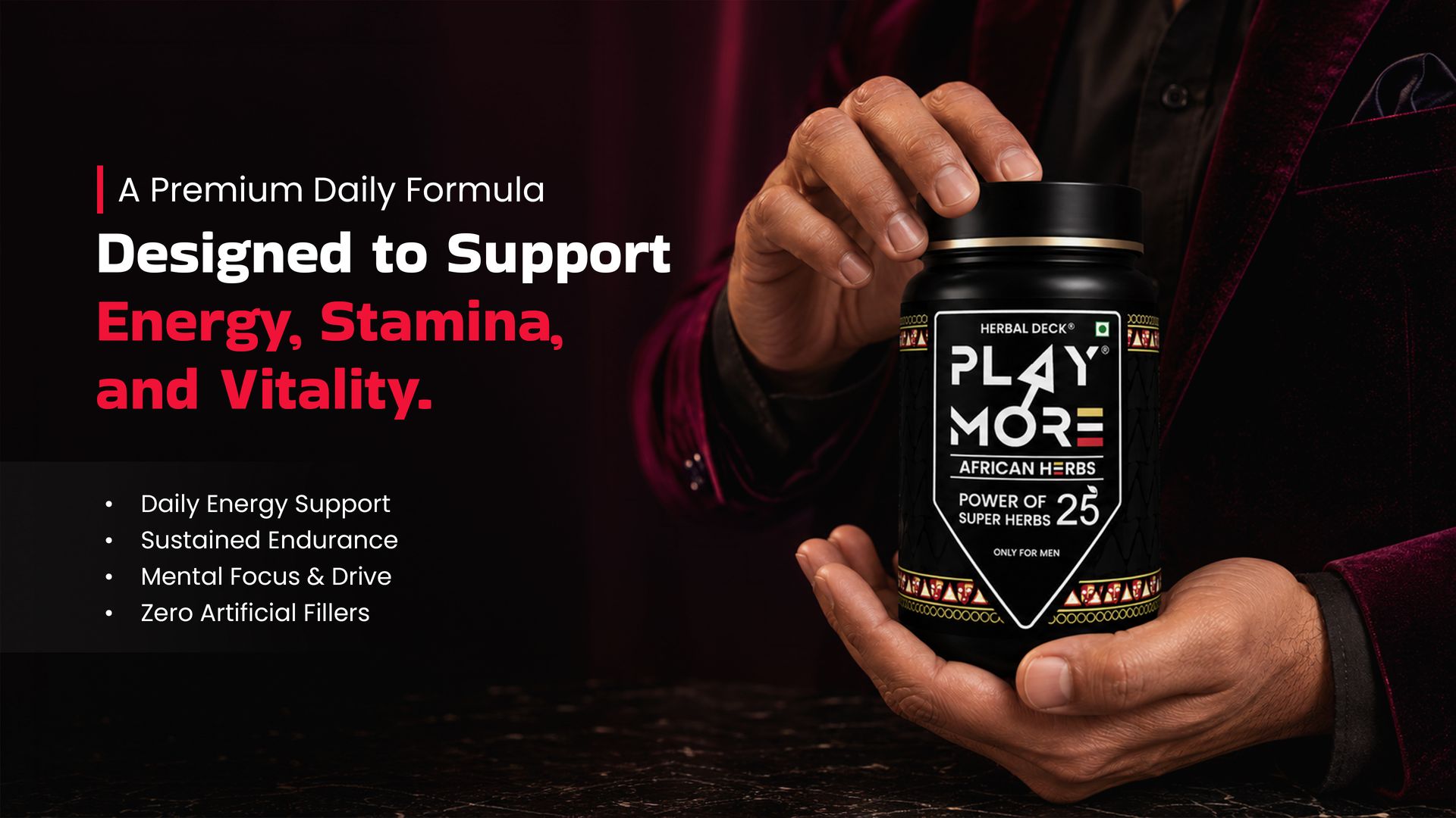 PLAY MOR African Herbs Strength Formula for Men – 150 gram | 25 Potent Herbs Including Shilajit, Musli, Kaunch Beej, Bala, Atibala & Purified Gold Ash | Daily Strength & Energy Support | 150g Powder