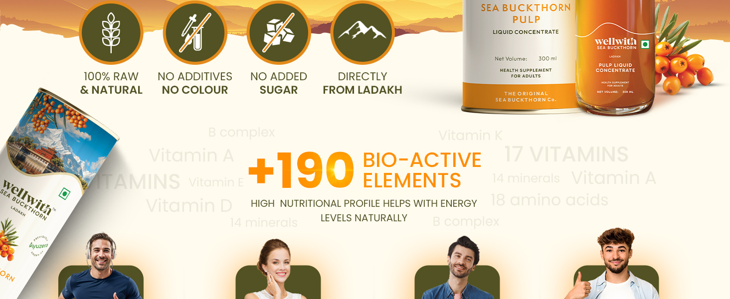 Wellwith by Ayuzera Natural Himalayan Sea Buckthorn Pulp 300ml | Cold Pressed Nutrient Rich Juice | Loaded with Vitamin C, Omega 3 6 7 9 & Antioxidants | For Skin, Immunity & Digestive Health
