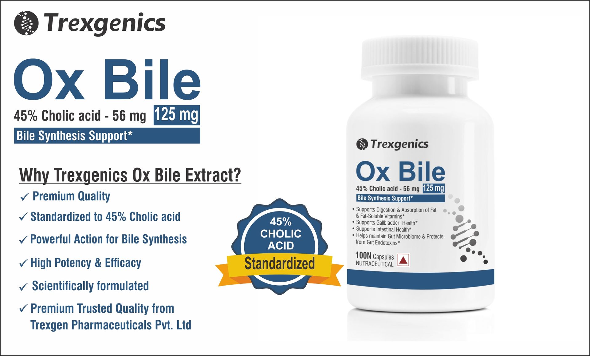 Trexgenics BILE EXTRACT 125 mg 45% CHOLIC ACID Bile Synthesis Support (100 Capsules) (Pack of 1).