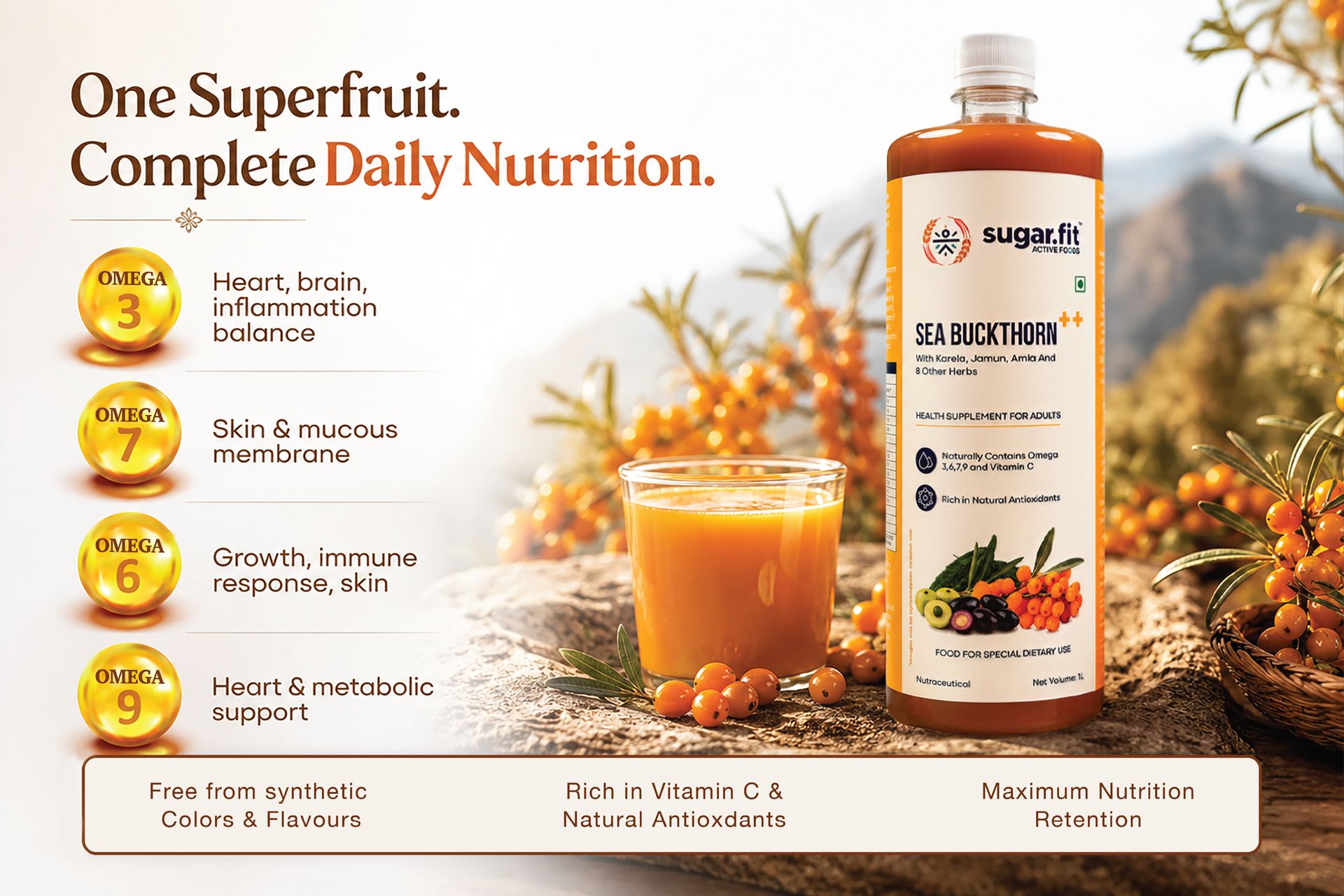 Sugar.fit Himalayan Sea Buckthorn Juice 1000ml | Cold Pressed Seabuckthorn Berry Pulp with 14 Herbs - Amla, Karela, Jamun | Natural Vitamin C, Omega 3 6 7 9 | Immunity, Skin Glow & Gut Health