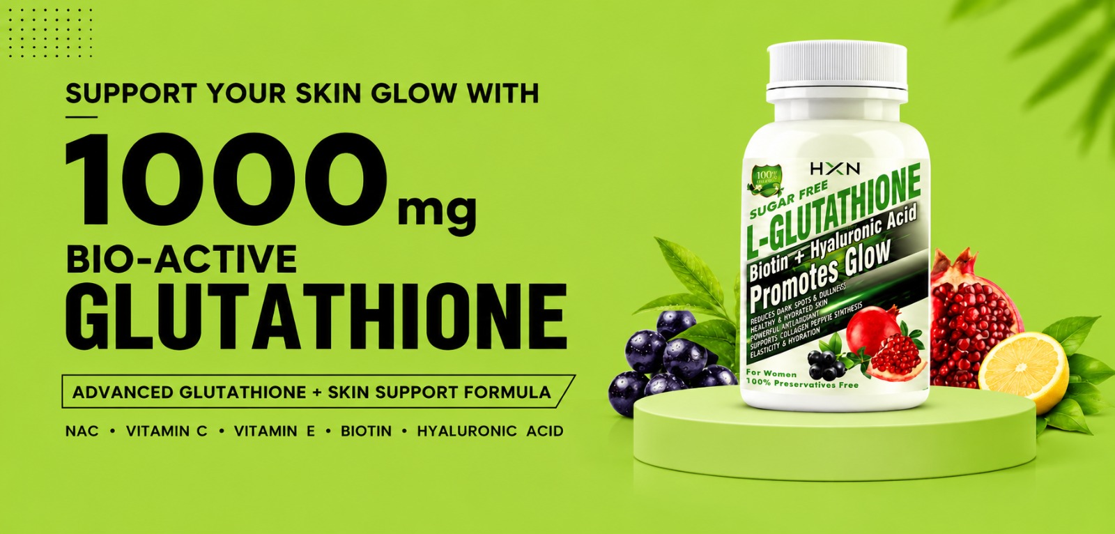 HXN Glutathione Tablets for Women | L-Glutathione Vitamin C, NAC, Hyaluronic Acid, Biotin & Collagen | Skin Health & Brightening Support | Whitening Antioxidant Supplement -90 Glutathione Tablets