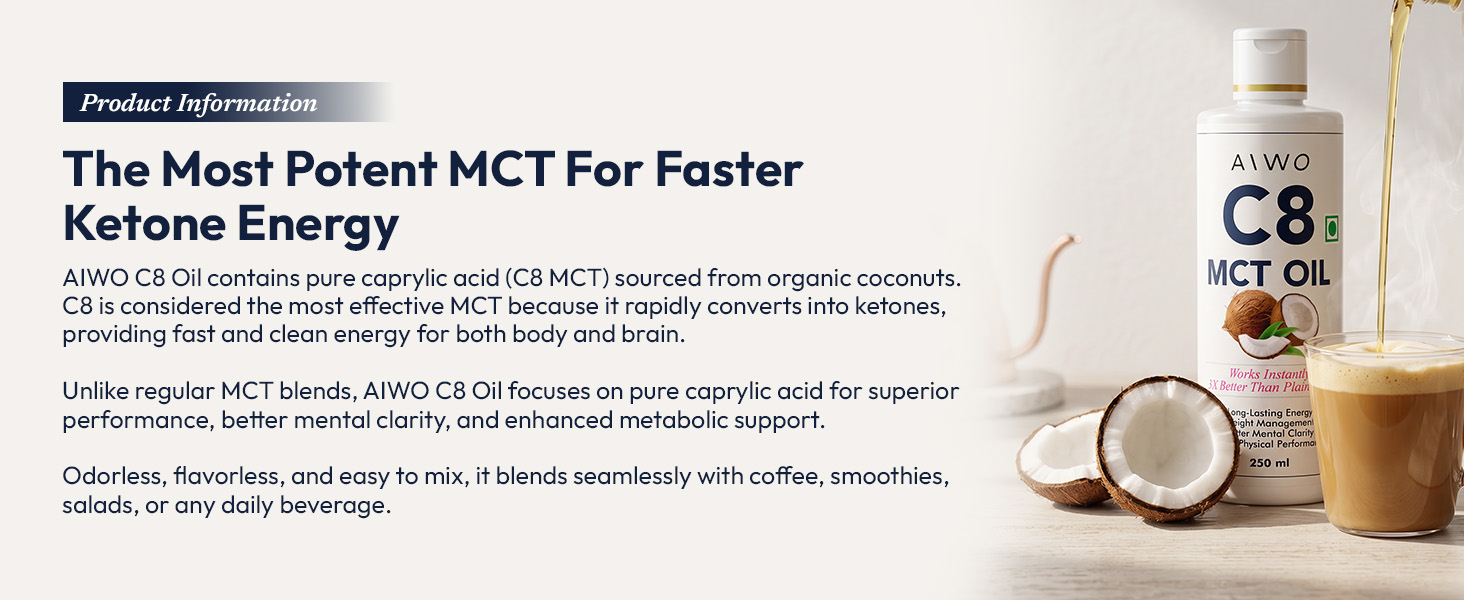 Aiwo C8 MCT Oil | 98% Caprylic Acid | From Coconut Source | Keto, Paleo, Brain & Heart Health - Fast & Sustainable Ketosis, Focus, Energy | Flavorless | 250ml