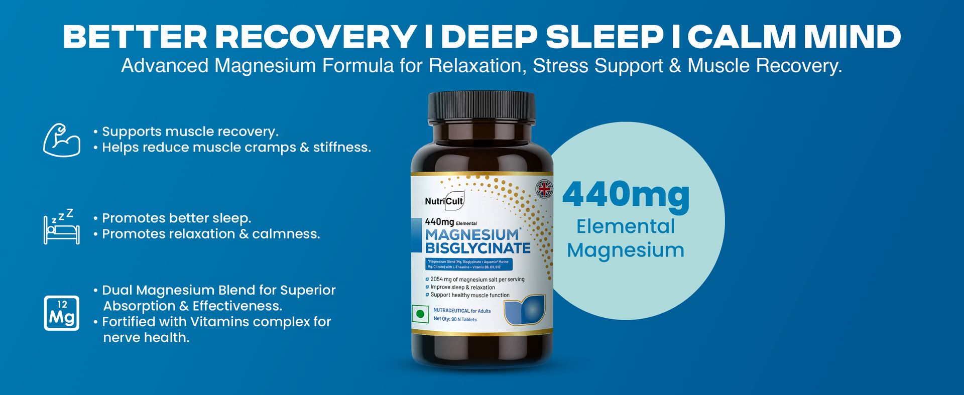 Magnesium Bisglycinate Tablet with Aquamin Marine, L-Theanine & Vitamin B Complex | 440mg Elemental Magnesium | Muscle Recovery, Sleep & Calmness | Magnesium Glycinate Supplement (90 Count (Pack of 1))