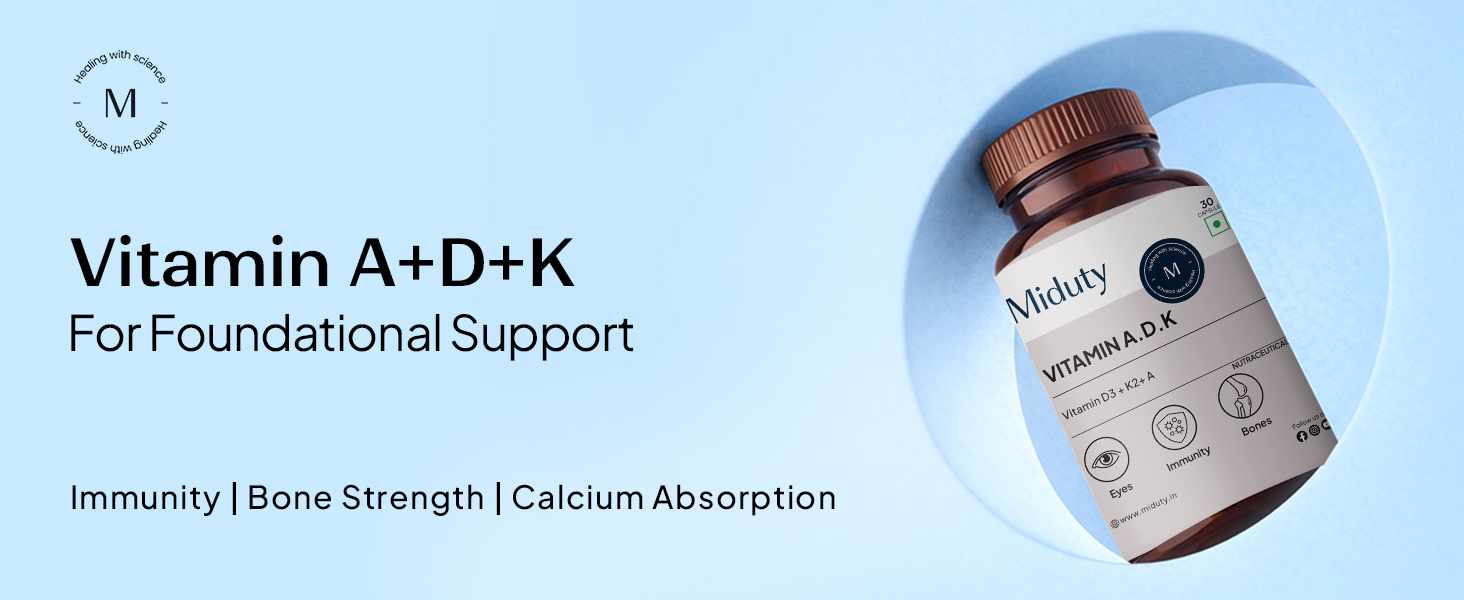 Miduty Vitamin ADK Multivitamin Contains Vitamin A - D3 - K1 - K2 Immunity Booster, Bone Strength, Healthy Heart Vitamin ADK Supplement For Men and Women - 30 Capsules