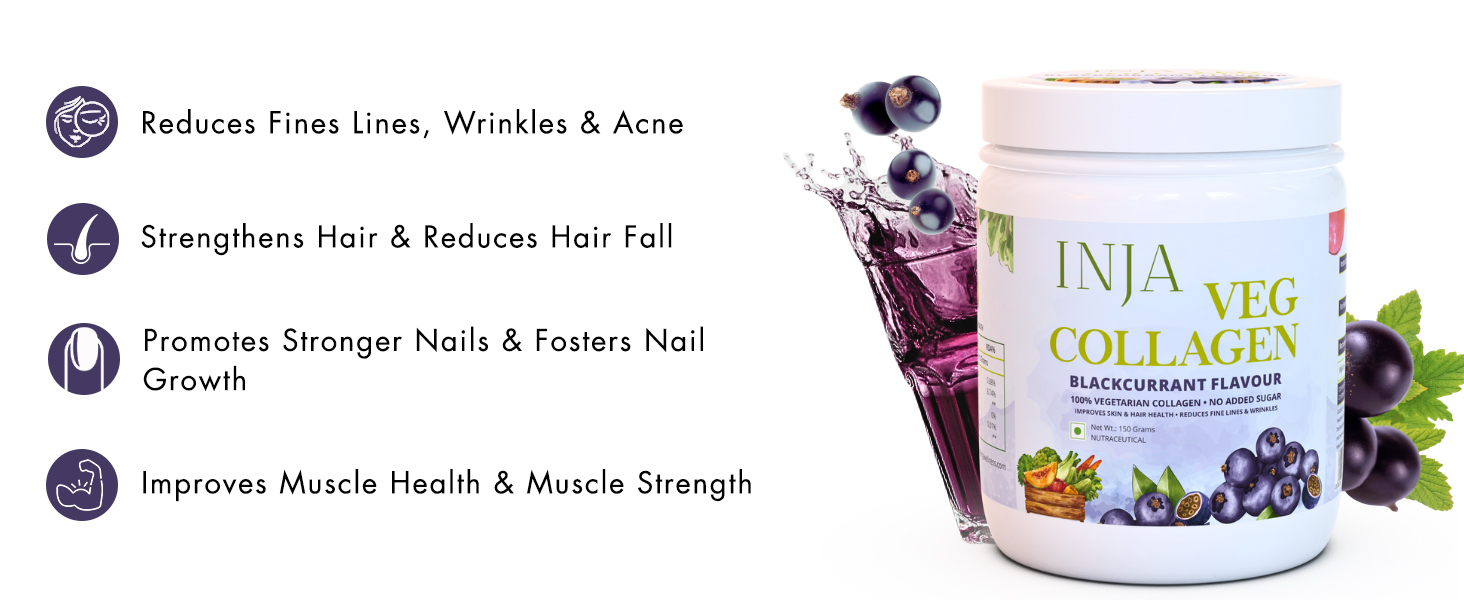 INJA Wellness Veg Collagen Supplement Powder for Women,Men,100% Vegetarian,No Added Sugar,Improves Skin & Hair Health,Reduce Fine Line & Wrinkles,Blackcurrant Flavour,150 grams