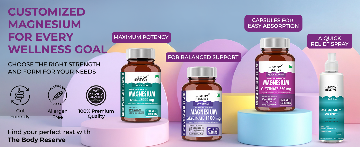 The Body Reserve Magnesium Glycinate Supplement - 120 Vegetable Capsules, 550mg Per Serving, High Absorption Chelated Form - Supports Muscle & Nerve Health, Aids Relaxation for Men & Women