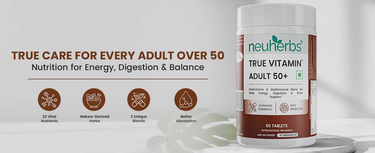 Neuherbs Multivitamin Tablets for Adults 50+ | 60 Count | True Vitamin Adult Multivitamin with Vitamin C, B12, D, Iron, Zinc & Magnesium | Supports Energy, Immunity, Heart, Joint & Overall Health for Men & Women