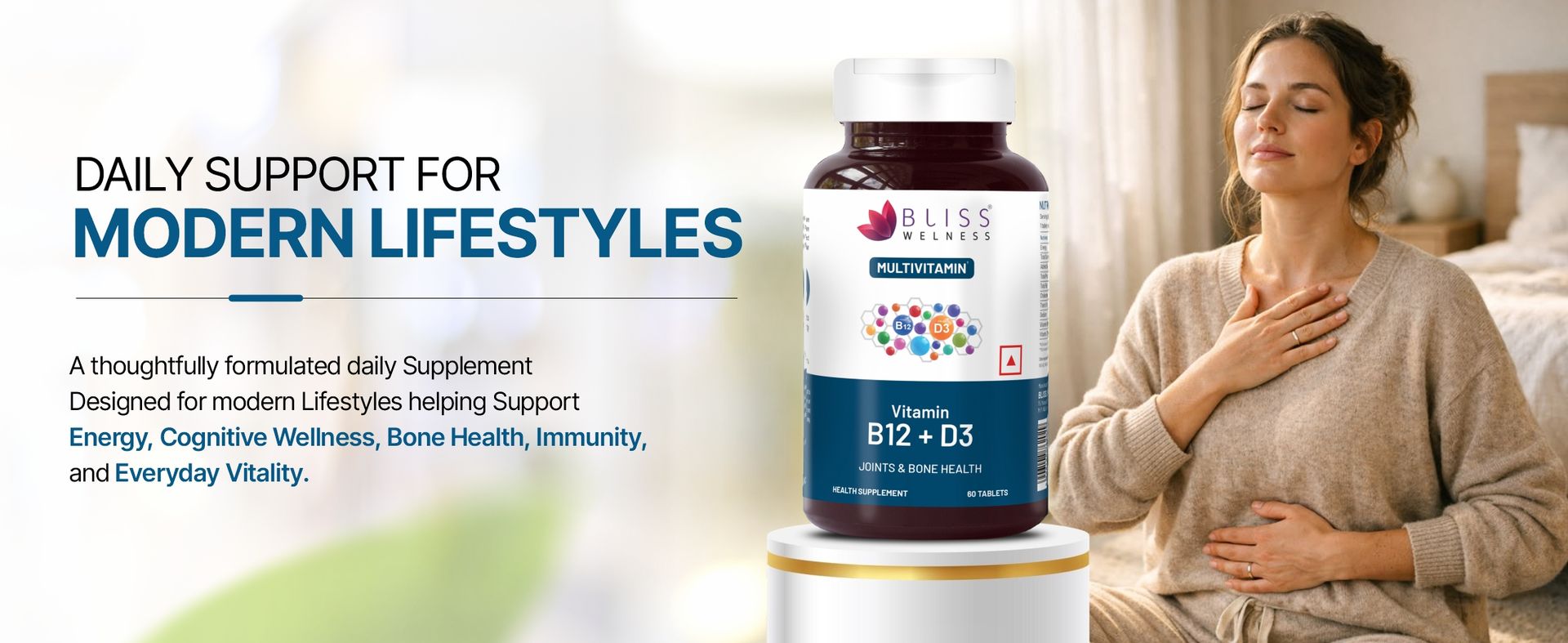 Bliss Welness Vitamin B12 & D3 Tablets | With Essential Vitamins B12 and D3 | Supports Daily Nutritional Intake & Normal Body Functions | For Routine Supplementation | Suitable for Men & Women | 60 Tablets