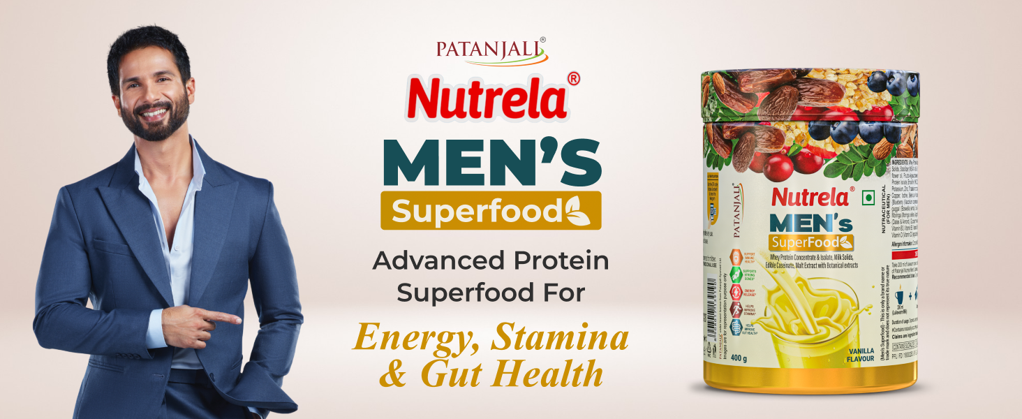 NUTRELA Men Superfoods With Whey Protein Powder - 400g, Vanilla Flavor | Everyday Fitness with Biofermented Multivitamins & Whey Protein to support in Bone & Joints Health, Muscle