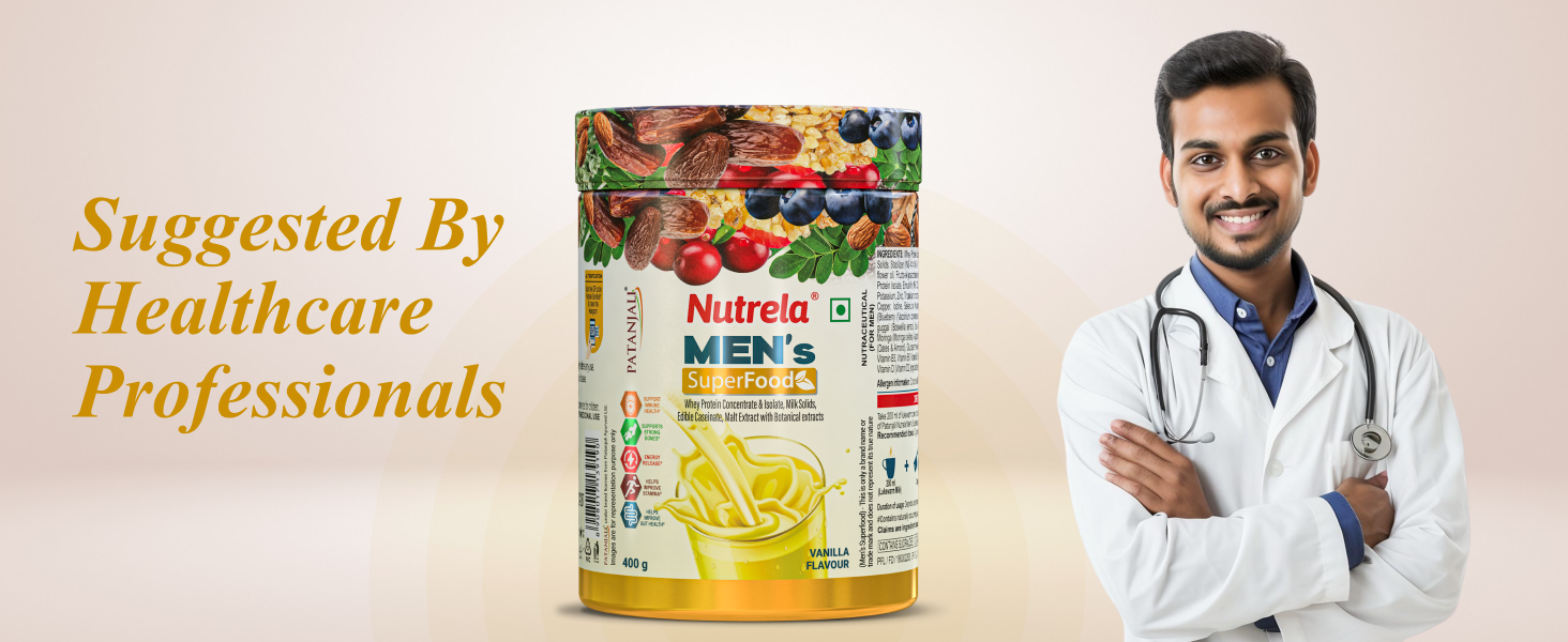 NUTRELA Men Superfoods With Whey Protein Powder - 400g, Vanilla Flavor | Everyday Fitness with Biofermented Multivitamins & Whey Protein to support in Bone & Joints Health, Muscle