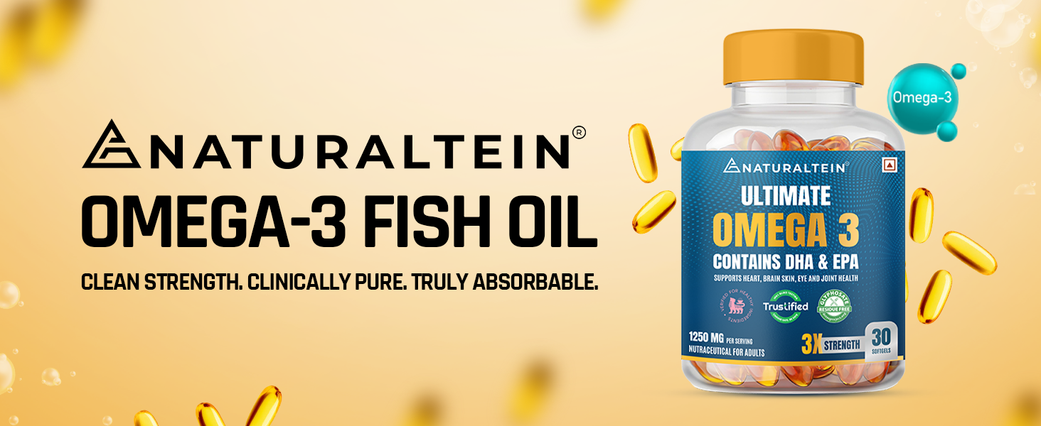 NATURALTEIN Omega-3 Fish Oil 1250mg Triple Strength Softgel Capsules | 450mg EPA & 300mg DHA in Triglyceride Form for Better Absorption | Heart, Brain, Eye & Joint Support | Glyphosate-Free | 60 Softgel Capsules | 60-Day Supply