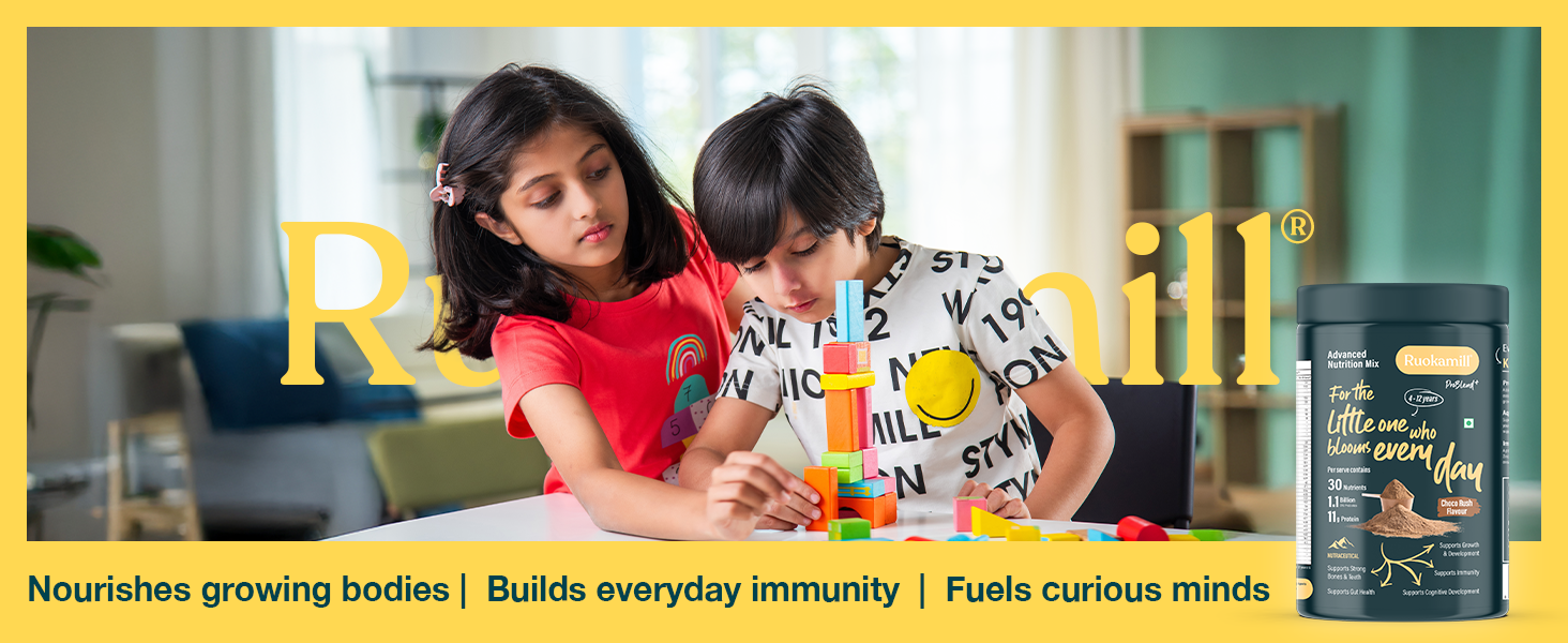 Ruokamill Kids Nutrition Mix | Age 4-12 | Supports Growth, Brain Development & Immunity |30 Nutrients, 11g Protein, Omega-3 (EPA & DHA), 1.1B CFU Probiotics | No Refined Sugar | (400g, Chocolate)