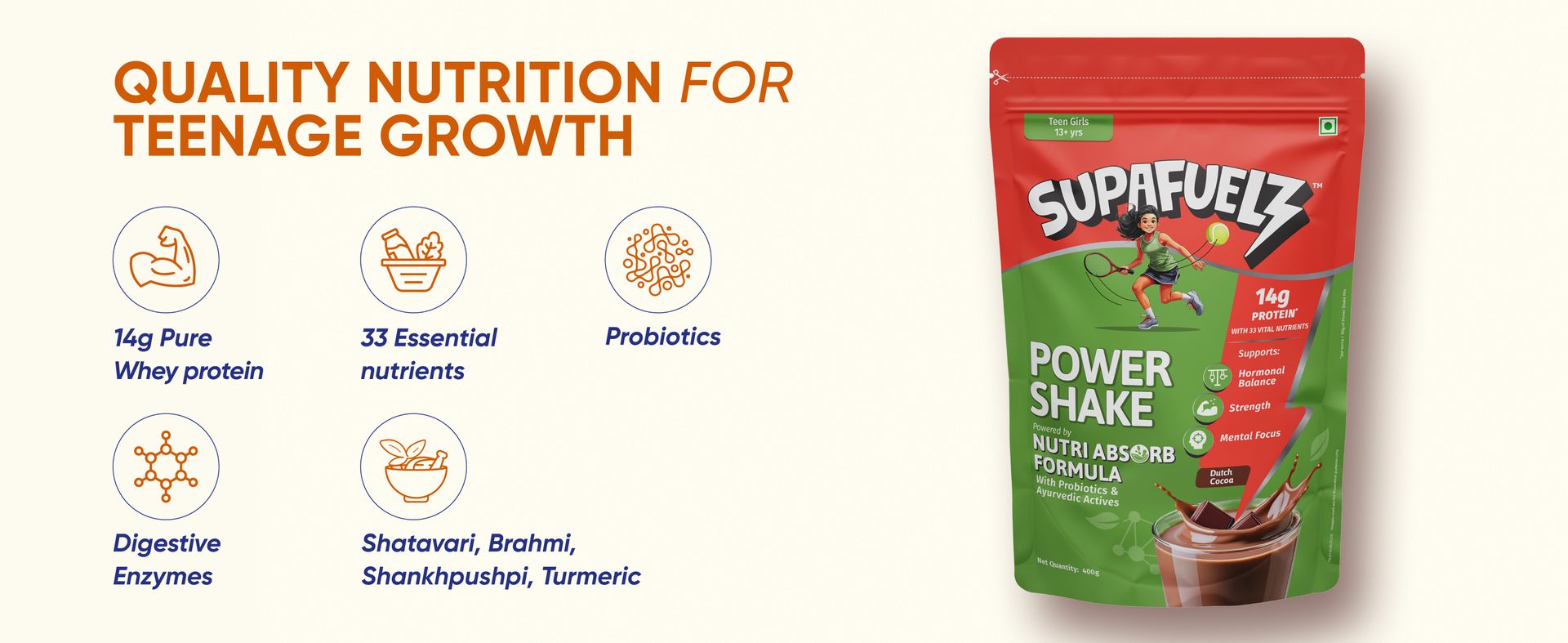 Power Shake Teen Girls 13+ Yrs | Height & Strength Drink | 14g Protein, 33 Nutrients, Probiotics & Ayurvedic Actives| Daily Nutrition drink supports Height, Strength & Focus | Chocolate 400g | Safe Nutrition Drink For Teens