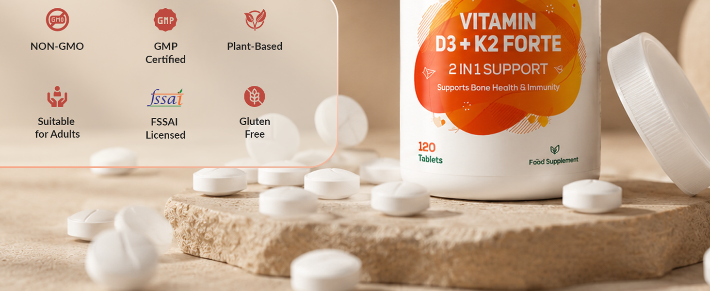 Ambrosial Vitamin D3 K2 Forte 120 Tablets | Vitamin D 3 k 2 Supplement for Bone, Heart & Immune Health Vitamin D3 (600 IU) with MK-7 Vitamin K2 | Plant-Based High Absorption Daily supplements