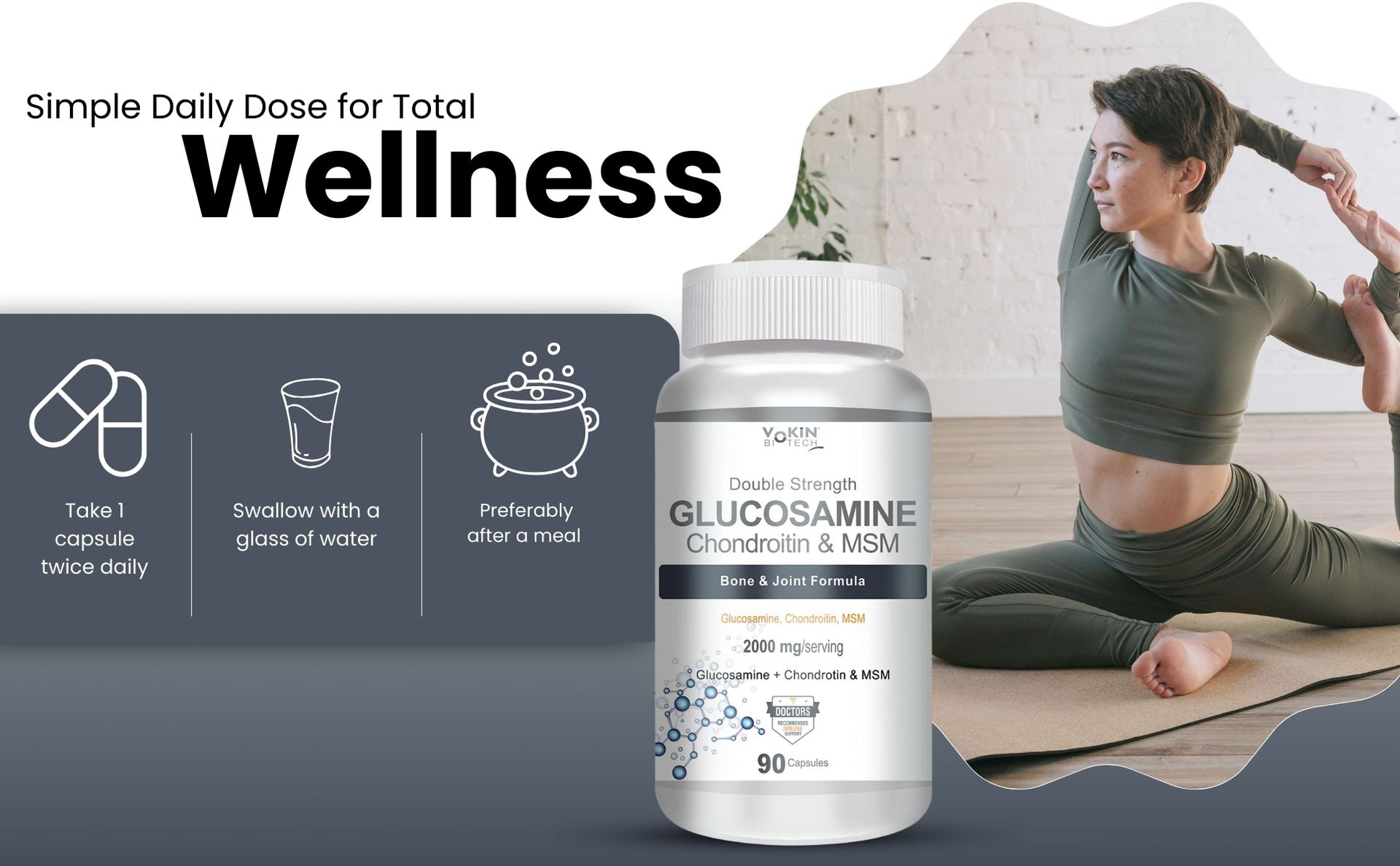 Vokin Biotech Glucosamine 1000mg, MSM 500mg & Chondroitin 500mg Support Joint Pain & Joint Strength 90 Capsules (Glucosamine)
