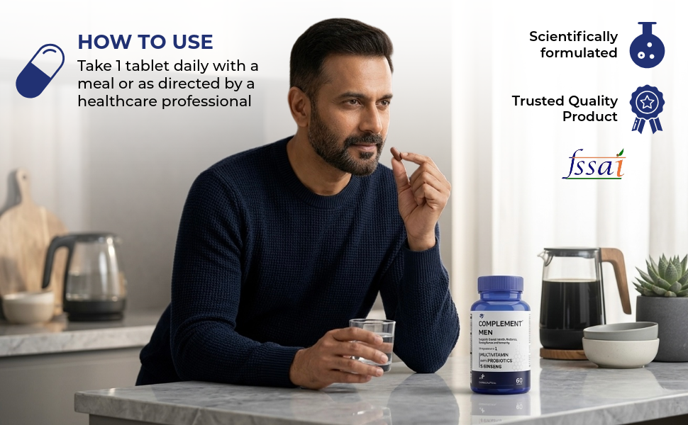 Complement Men Multivitamin Tablets with Probiotics & Ginseng | Supports Energy, Immunity & Gut Health | 60 Tablets | Nutraceutical for Men 18+