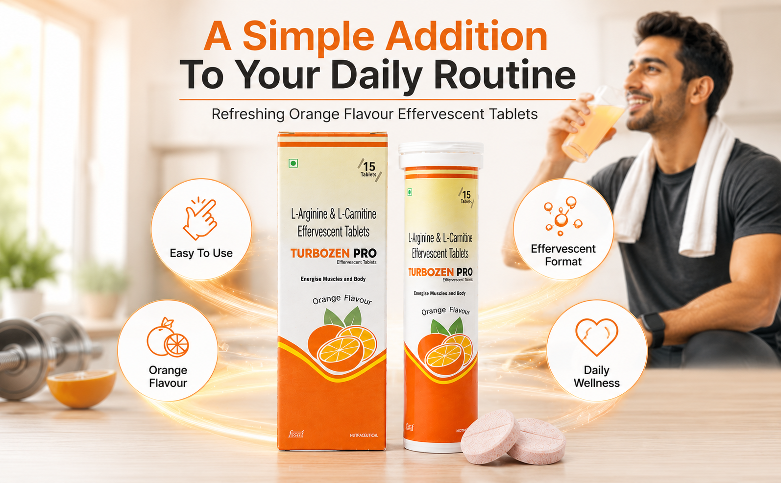 TURBOZEN PRO L-Arginine & L-Carnitine Effervescent Tablets | Orange Flavor Energy Drink Tablets | Daily Stamina & Active Lifestyle Support | 15 Effervescent Tablets