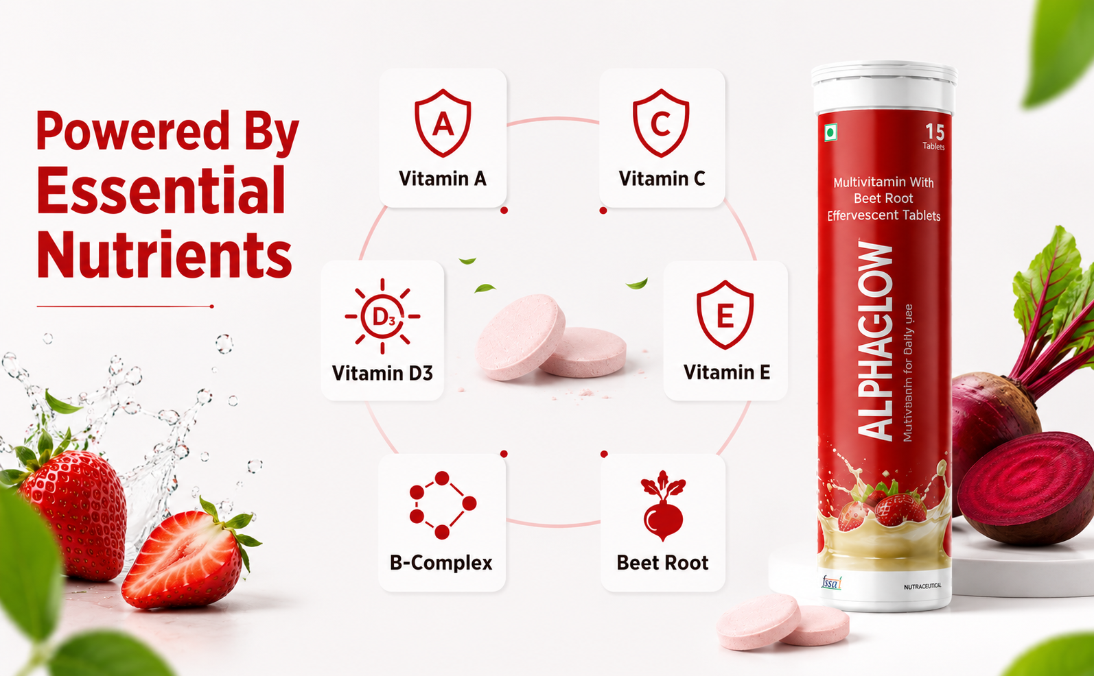 ALPHAGLOW Multivitamin with Beet Root Effervescent Tablets | Strawberry Flavor | Daily Wellness Support | Vitamin Blend with Beet Root | 15 Tablets