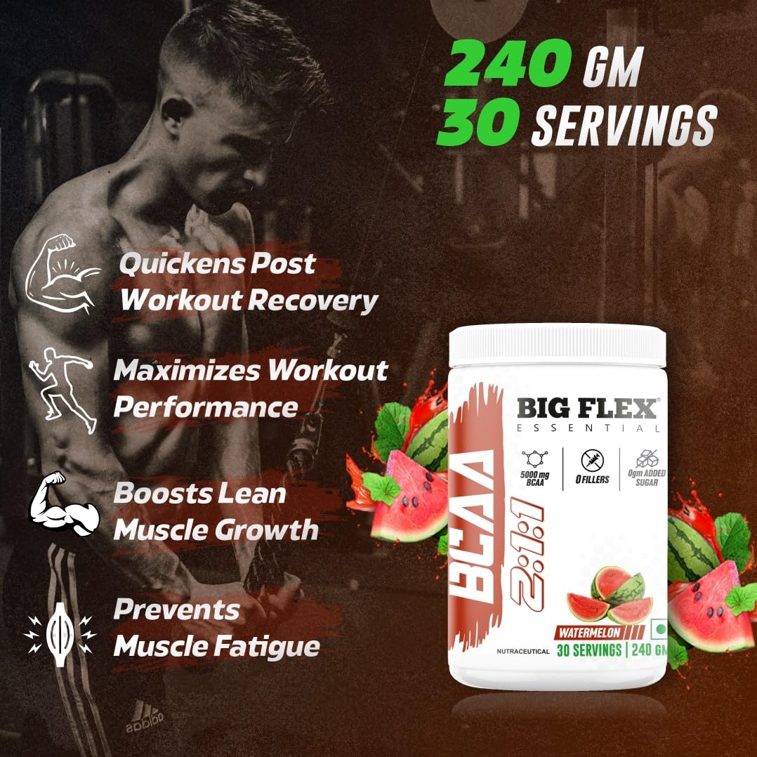 Bigflex Essential BCAA powder, Watermelon [ 30 Servings, Pack of 240Gm ] | 2500mg L-Leucine | 1250mg L-Isoleucine & 1250mg L-Valine For Muscle Recovery & Endurance - Pre/Post Workout & Intra Workout Supplement