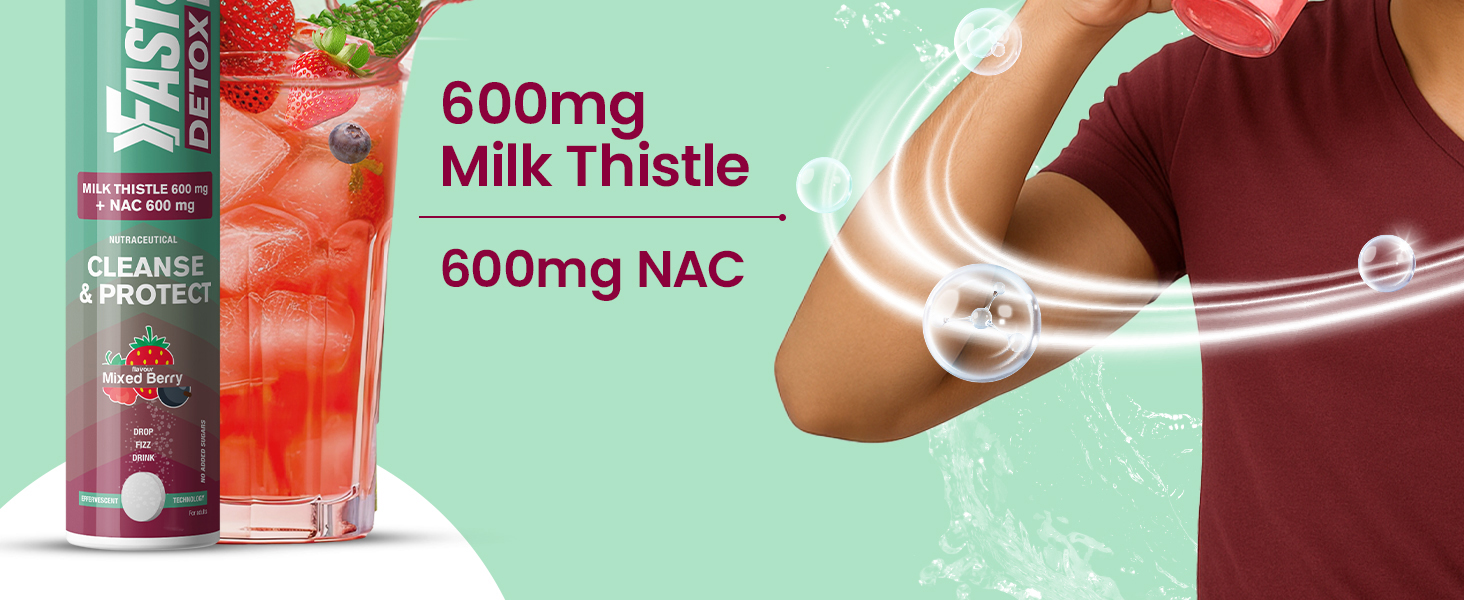 Fast&Up Liver Detox - Daily Liver Cleanser Drink | Milk Thistle + NAC | Helps Improve Digestion & Reduces Load on Liver - 20 Tablets - Mixed Berry Flavour