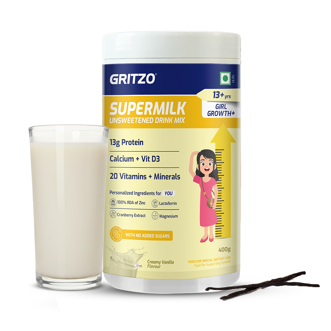 Gritzo SuperMilk Growth+ Unsweetened (13+ Girl), Creamy Vanilla, 400g