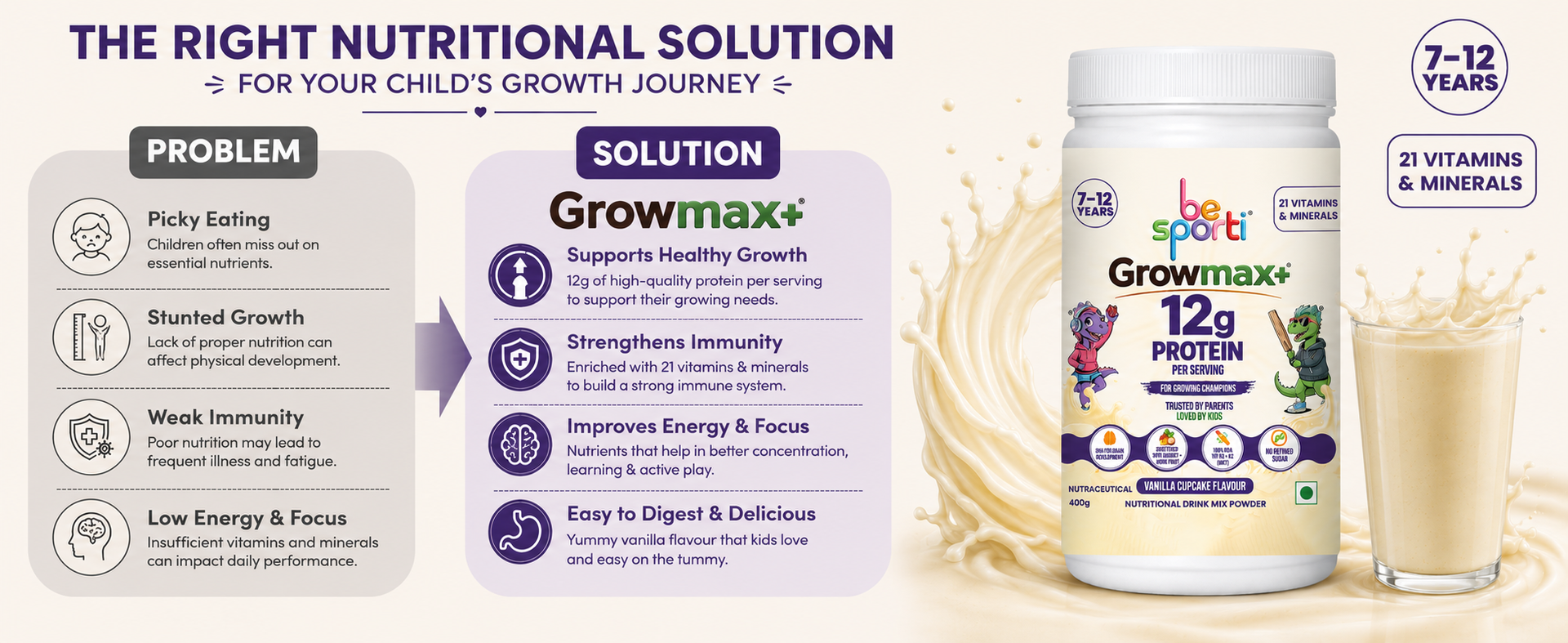 Growmax+ Kids Protein Powder 12g Protein, Vanilla 400g, Age 7-12