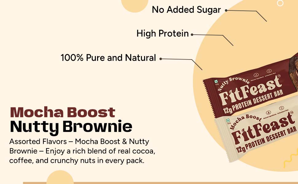 FitFeast Dessert Protein Bar Variety Pack of 6 | 3 x Mocha Boost and 3 x Nutty Brownie | 12g Protein Bar without Added Sugar & No Artificial Preservatives | 45g Bar | As Seen on Shark Tank