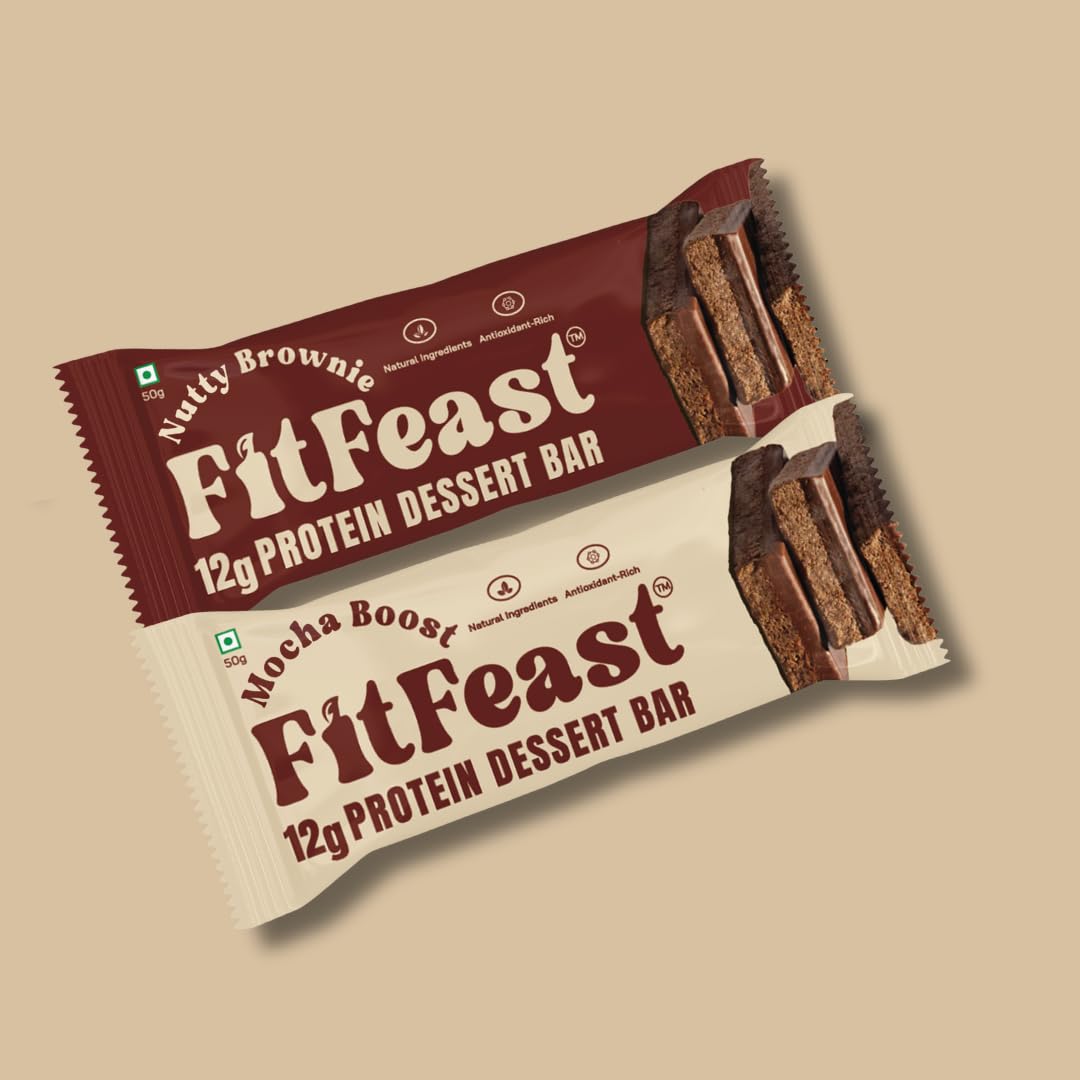 FitFeast Dessert Protein Bar Variety Pack of 6 | 3 x Mocha Boost and 3 x Nutty Brownie | 12g Protein Bar without Added Sugar & No Artificial Preservatives | 45g Bar | As Seen on Shark Tank
