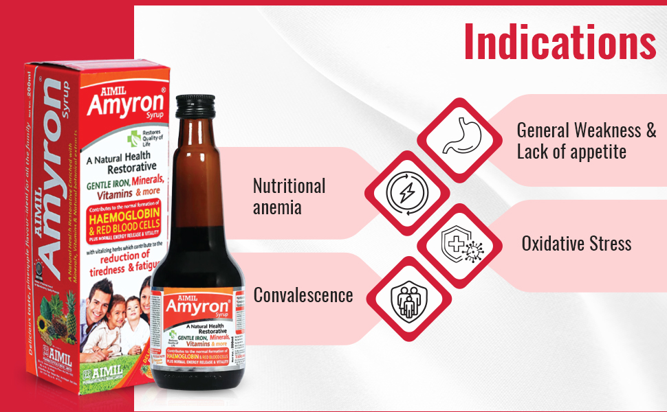 AIMIL Amyron Syrup – 200ml | Ayurvedic Iron Supplement for Men & Women | Enriched with Vitamins & Mineral Rich Herbs to Improve Hemoglobin Levels, Boost Platelets, and Reduce Tiredness & Fatigue (Pack of 1)