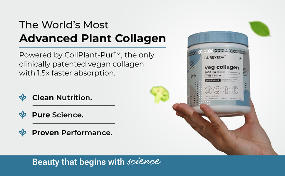 Cureveda Veg Collagen 5000mg Collagen Peptide with added Vitamin C & E, Grapeseed Extract For Healthy Skin, Hair & Nails | Men & Women - 150 gm Powder Unflavoured