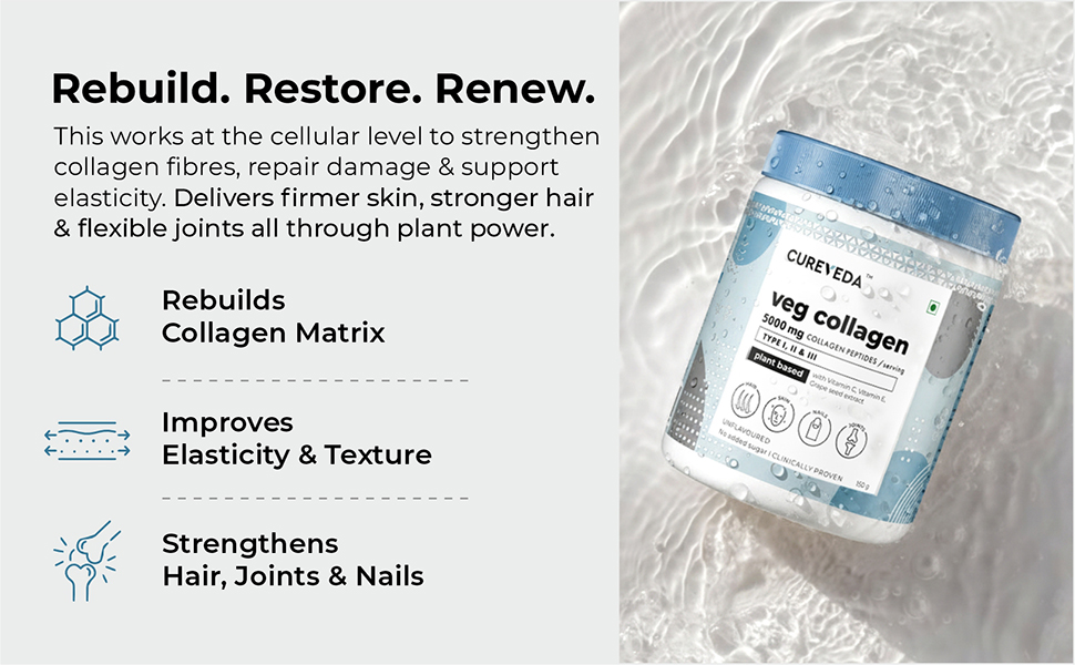 Cureveda Veg Collagen 5000mg Collagen Peptide with added Vitamin C & E, Grapeseed Extract For Healthy Skin, Hair & Nails | Men & Women - 150 gm Powder Unflavoured