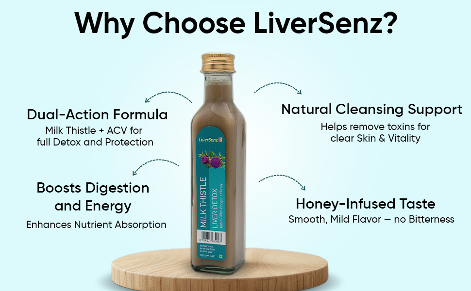 LiverSenz | Milk Thistle Seed Juice (40%) + Apple Cider Vinegar (40%) + Raw Honey (20%) | Natural Liver Cleanse & Detox | Herbal Liver Support Supplement | Puressenz | 250 ml