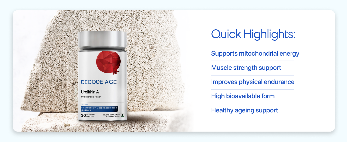 Decode Age Urolithin A 500 mg | Clinically Studied Longevity Supplement for Strength, Endurance & Cellular Renewal | Non-GMO | Urolithin A Supplement for Men and Women