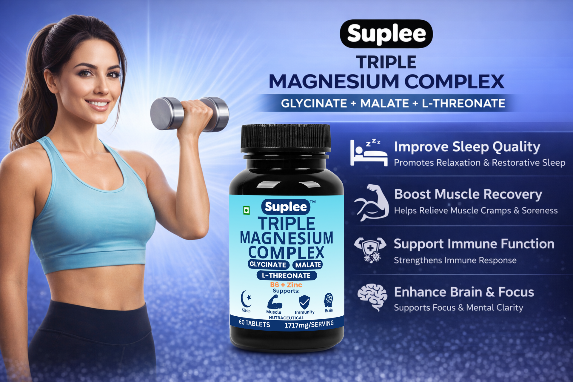 Suplee Triple Magnesium Complex Supplement with Magnesium Glycinate, L-Threonate & Malate | With Zinc & Vitamin B6 for Sleep, Muscle, & Brain Support | 60 Tablets
