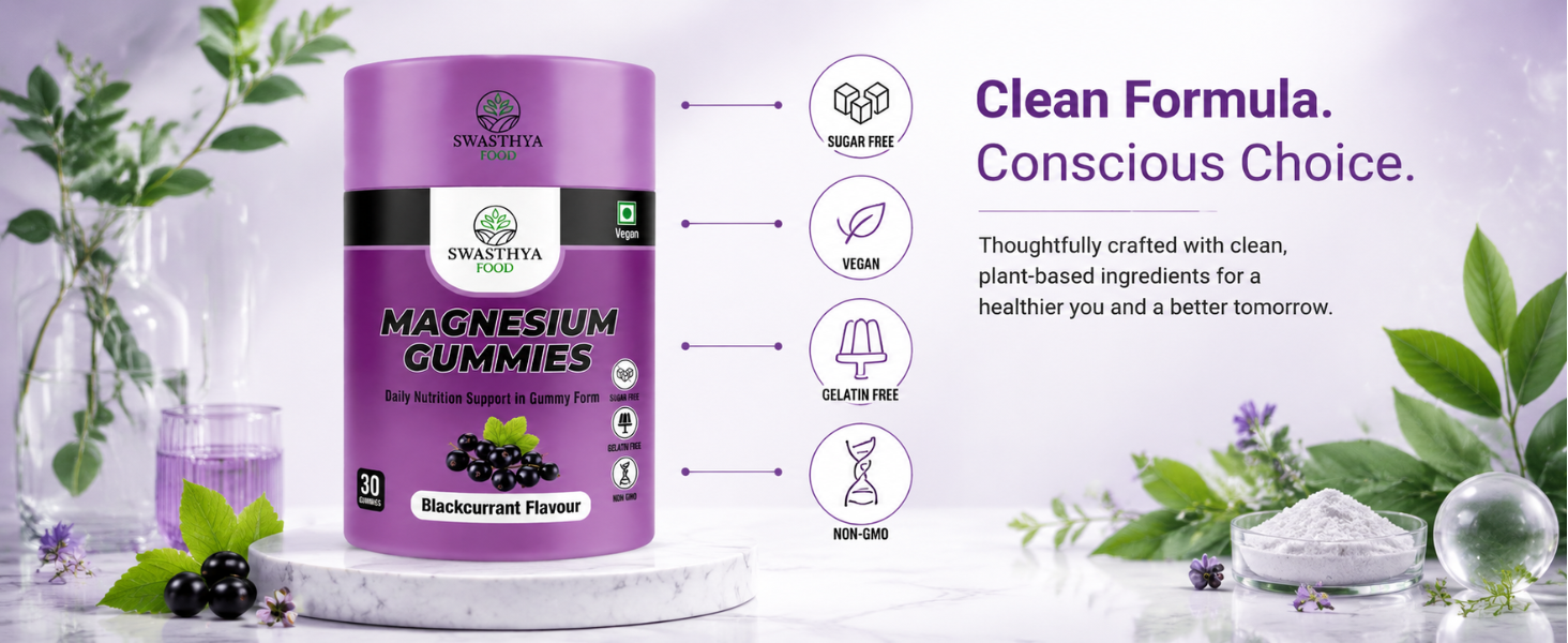 SWASTHYA AATA Magnesium Glycinate Gummies Sugar Free Vegan & Gelatin Free Chewable Magnesium Supplement For Adults Rich In Muscle Relaxation Support Bedtime Relaxation Blackcurrant Flavour