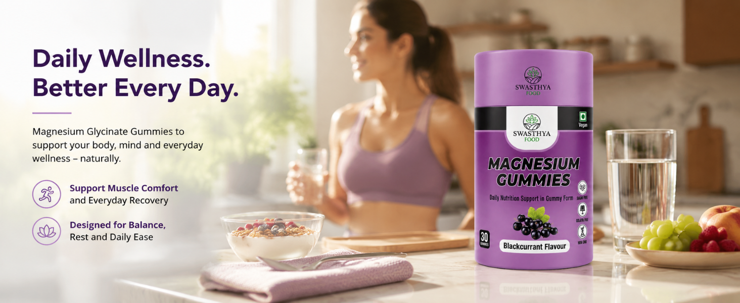 SWASTHYA AATA Magnesium Glycinate Gummies Sugar Free Vegan & Gelatin Free Chewable Magnesium Supplement For Adults Rich In Muscle Relaxation Support Bedtime Relaxation Blackcurrant Flavour