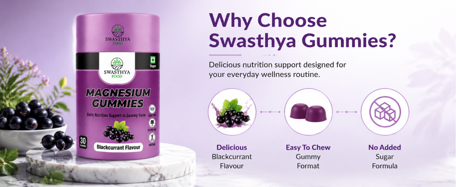 SWASTHYA AATA Magnesium Glycinate Gummies Sugar Free Vegan & Gelatin Free Chewable Magnesium Supplement For Adults Rich In Muscle Relaxation Support Bedtime Relaxation Blackcurrant Flavour