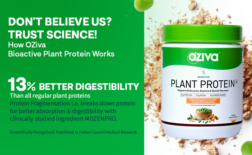 OZiva Bioactive Plant Protein Powder, 5.5g BCAA, Malabar Vanilla, 500g