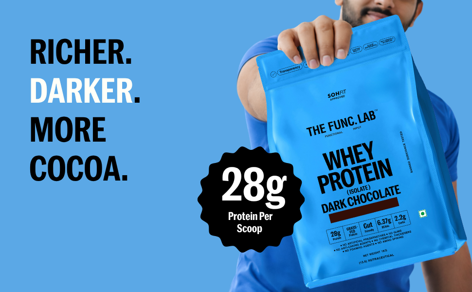 The Func. Lab Whey Protein Isolate - Dark Chocolate | 1kg | Grass‑Fed, 28g Protein, 6.37g BCAA per Scoop | High Protein Supplement for Muscle Growth, Digestion and Absorption Support