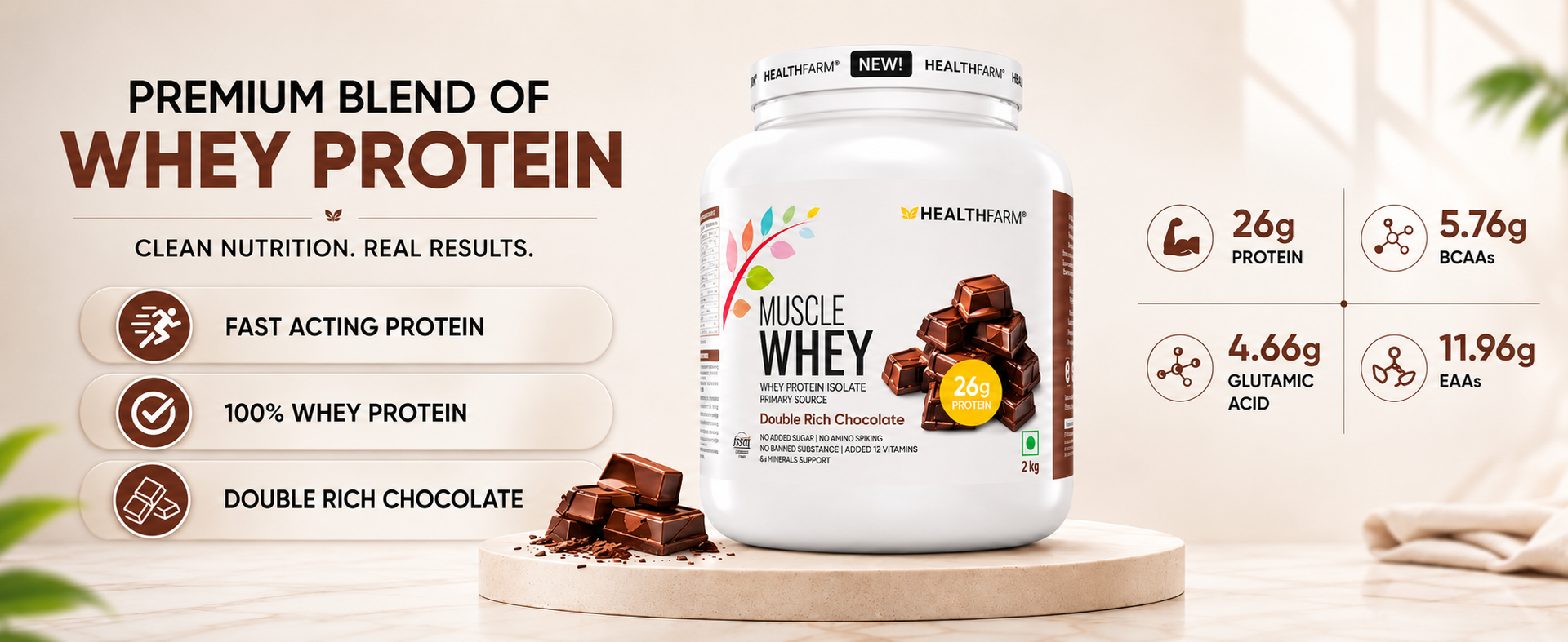 Healthfarm Muscle Whey Protein Powder | High Protein Supplement | 26g Protein Per Serving | Supports Lean Muscle, Recovery & Performance | Strawberry Caramel | 1kg