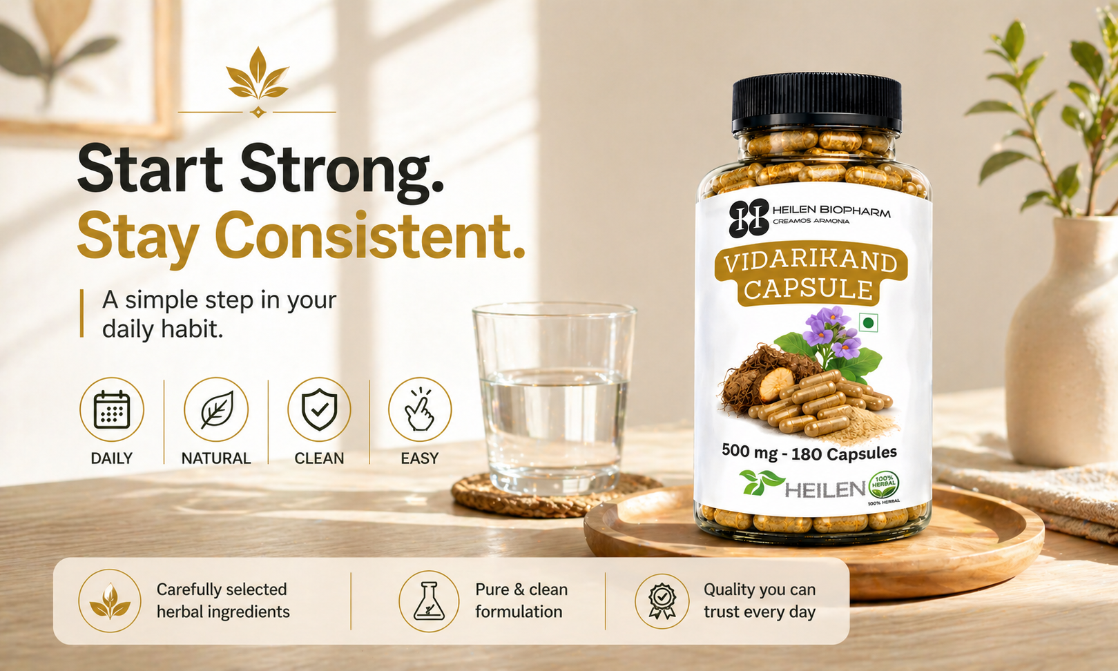 Heilen Biopharm Vidarikand Capsules 500mg (180 Capsules) | Vidarikand Root (Pueraria tuberosa) Herbal Supplement | Supports Strength & Daily Vitality | Ayurvedic Vegetarian Capsules