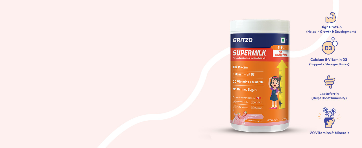 Gritzo SuperMilk Growth+ (7-9y Girl), Strawberry Swirl, 400g